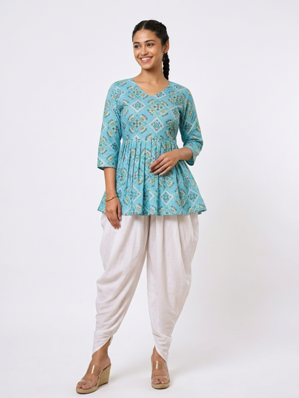 Women’s Printed Peplum Kurti with White Dhoti Pants