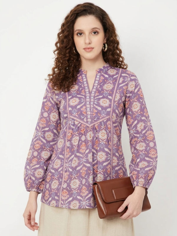 Floral Print Short Kurti for Women Cotton Blend V-Neck Tunic