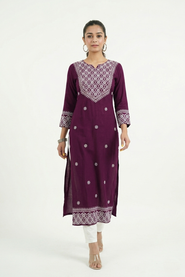 Casual Plum Nyra Cut Long Kurti with Elegant White Embroidery