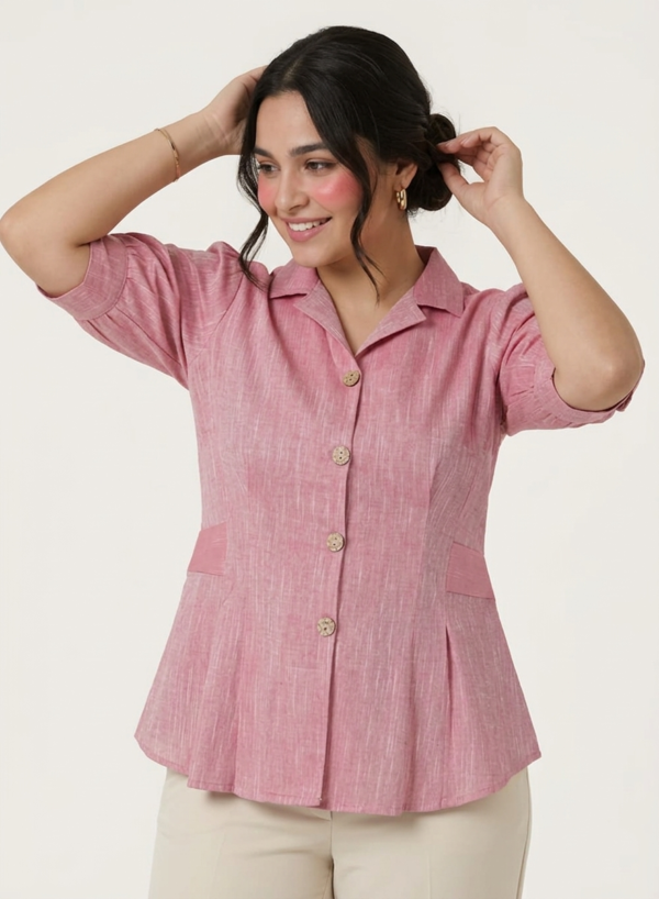 Blush Colour Cotton Blend Puff Sleeves Top