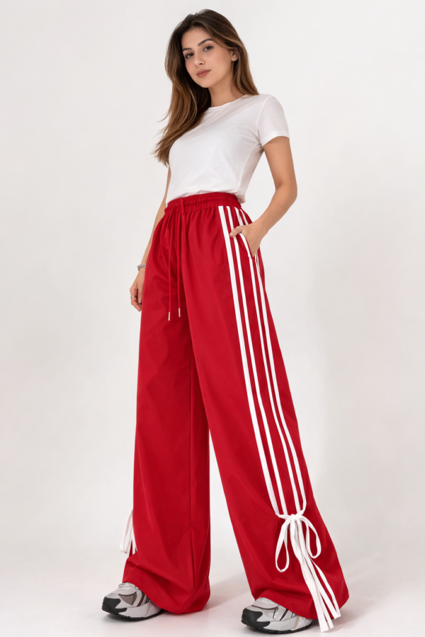 Women's Wide-Leg Sporty Trousers with Triple Side Stripes and Ribbon Tie