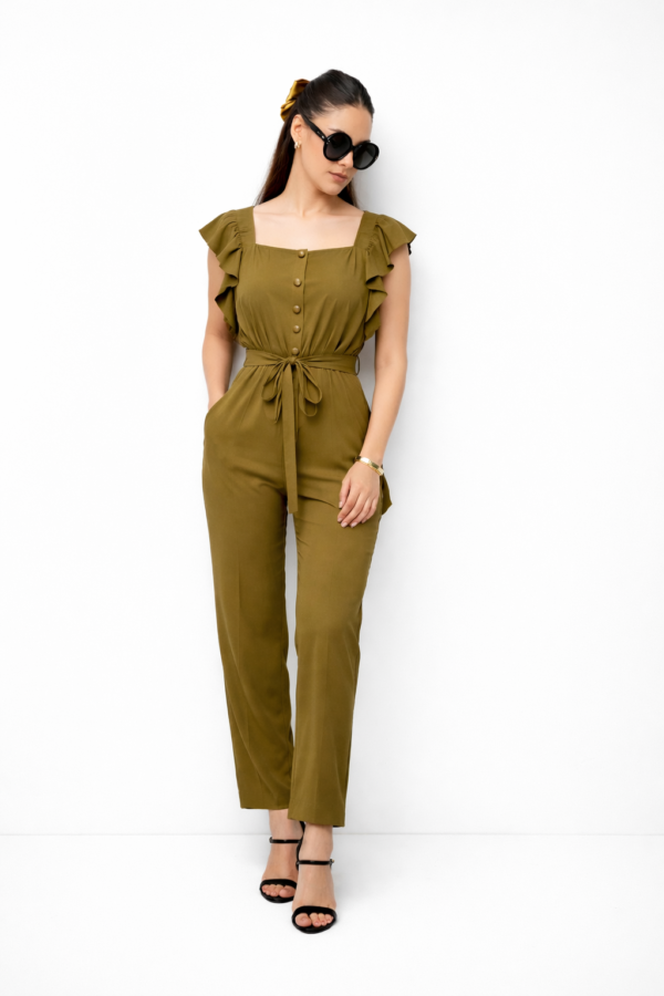 Emerald Elegance Ruffle Sleeve Jumpsuit