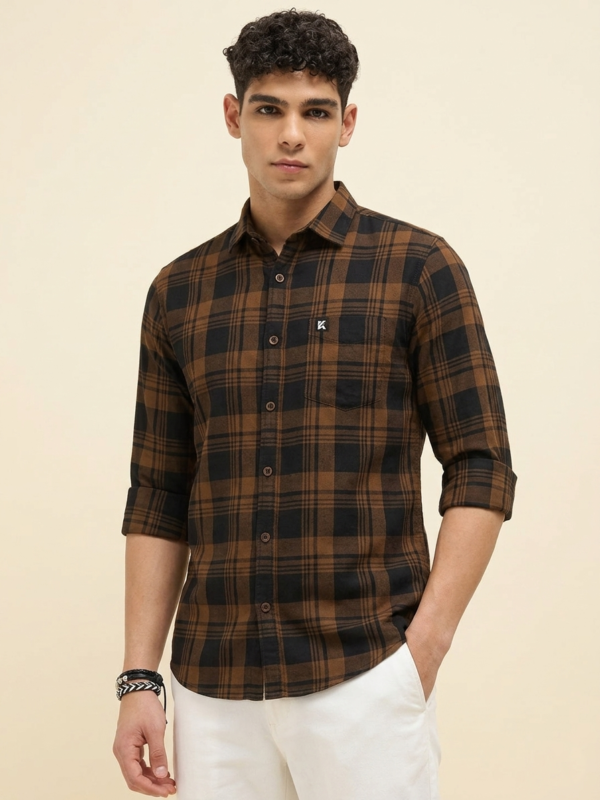 Men's Black Macro Check Casual Shirt with Single Pocket
