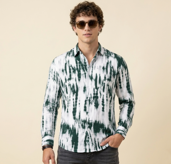 Men's Color & White Vertical Tie-Dye Cotton Casual Shirt