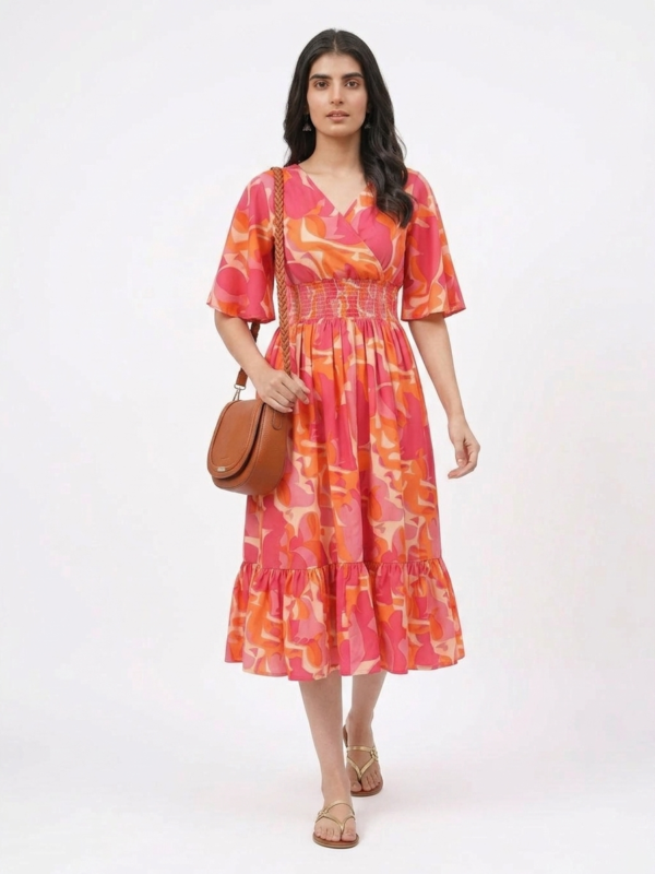 Women's Abstract Print V-Neck Midi Dress with Smocked Waist
